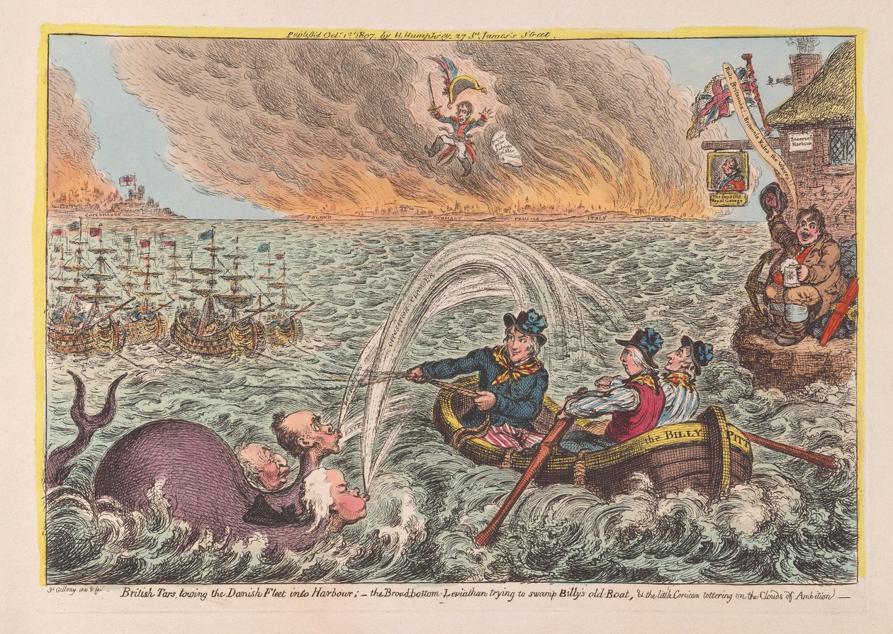 Brit Tars vonszolja a dán flottát a kikötőbe: a széles fenekű Leviathan, aki megpróbálja elárasztani Billys régi csónakját, és a kis korzikai, amely az Ambition Felhőin toporog, kocsma. 1807 (kézzel színezett engra alkotó: James Gillray