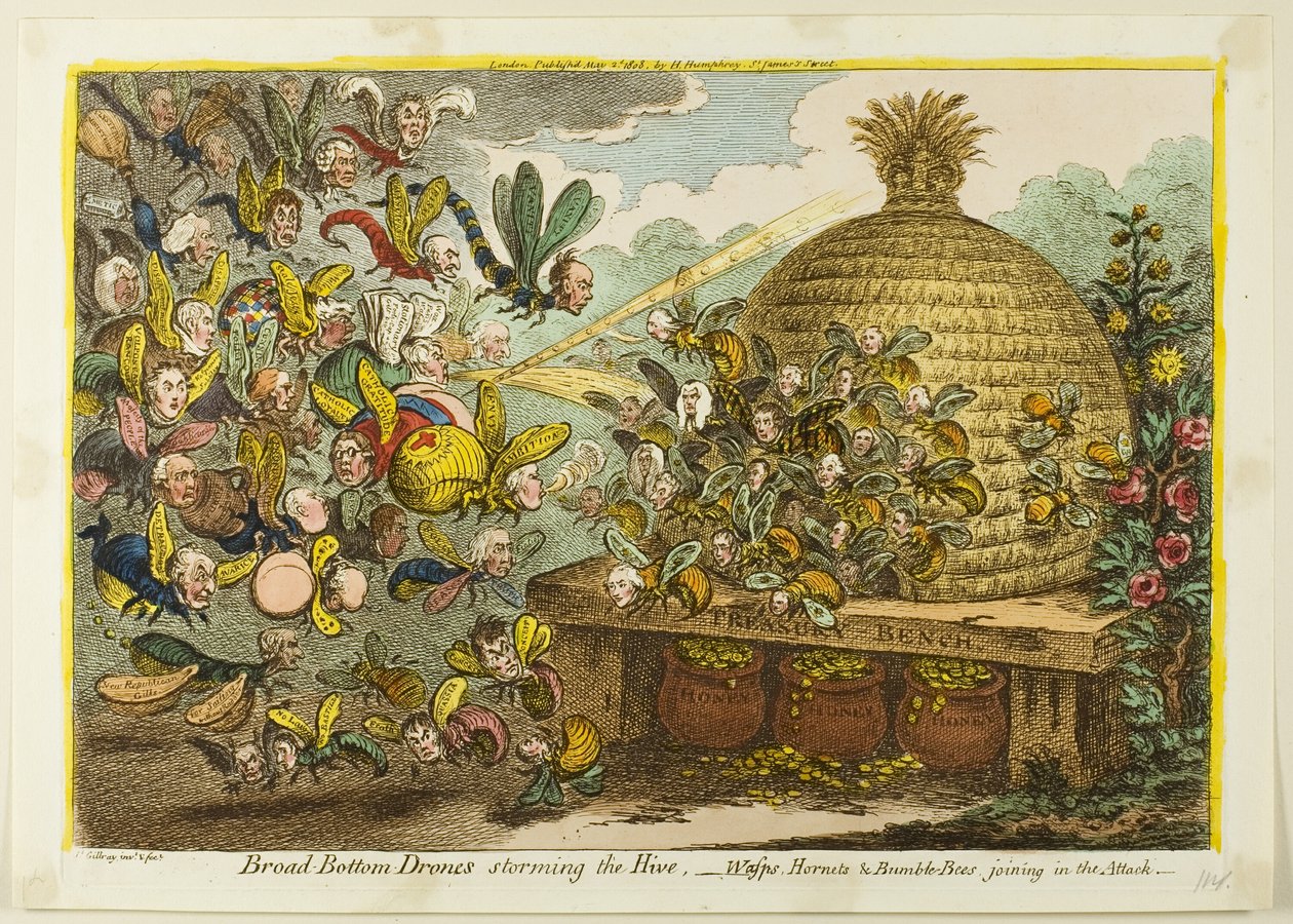 Broad Bottom drónok rohamozzák a kaptárat alkotó: James Gillray