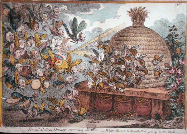 Széles fenekű drónok rohamozzák meg a kaptárt, darazsak, darazsak és poszméhek csatlakoznak a támadáshoz, Hannah Humphrey adta ki 1808-ban (kézzel színezett rézkarc) alkotó: James Gillray