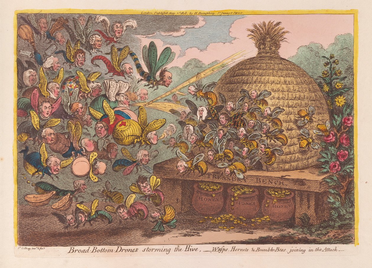 Széles fenekű drónok rohamozzák meg a kaptárt: darazsak, darazsak és darazsak csatlakoznak a támadáshoz, kocsma. 1808 (kézzel színezett metszet) alkotó: James Gillray