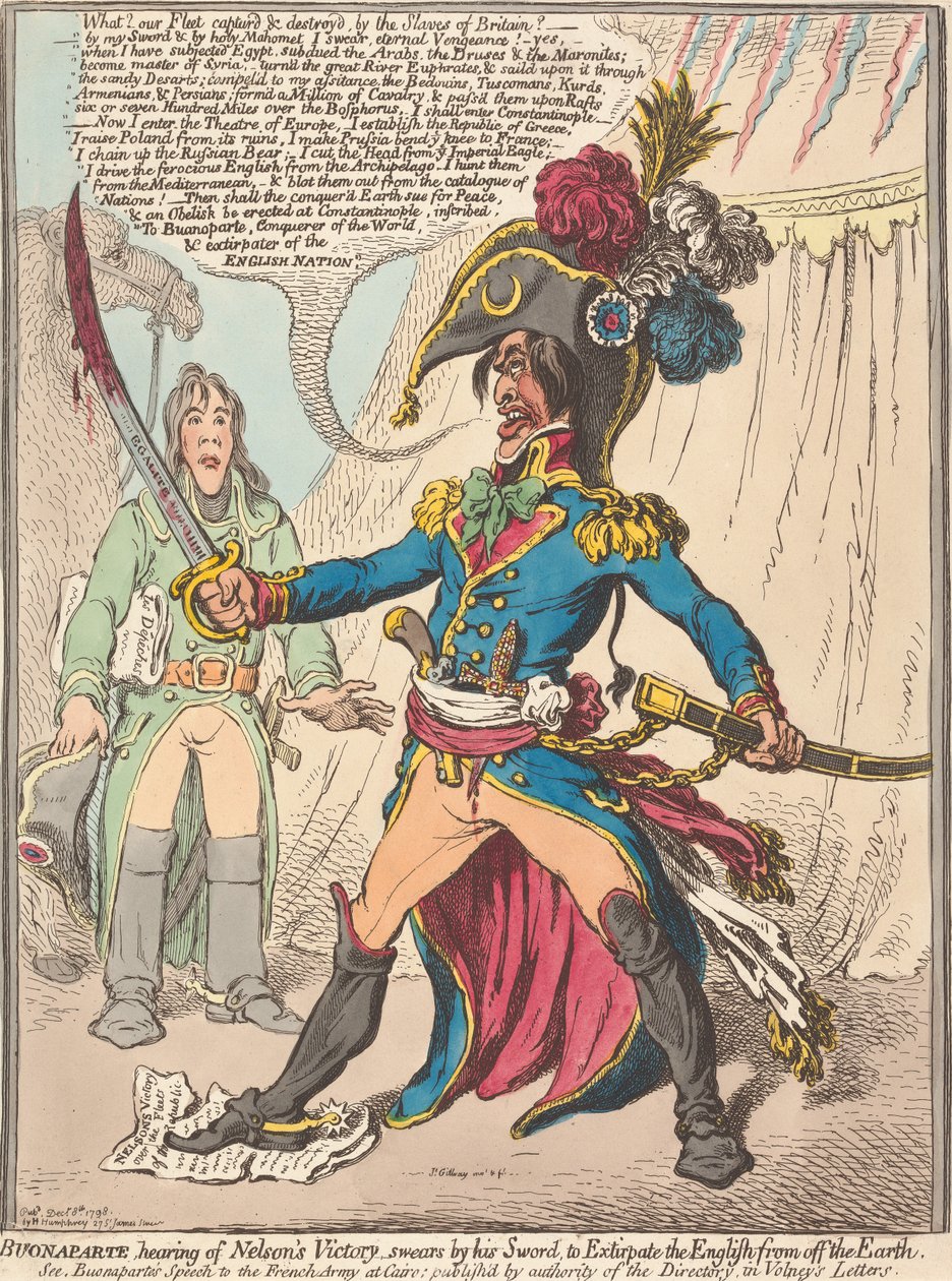 Buonaparte, Nelson győzelméről hallva, kardjára esküszik, hogy kiirtja az angolokat a Föld színéről (a Karikatúra, 1. kötet című műből) alkotó: James Gillray