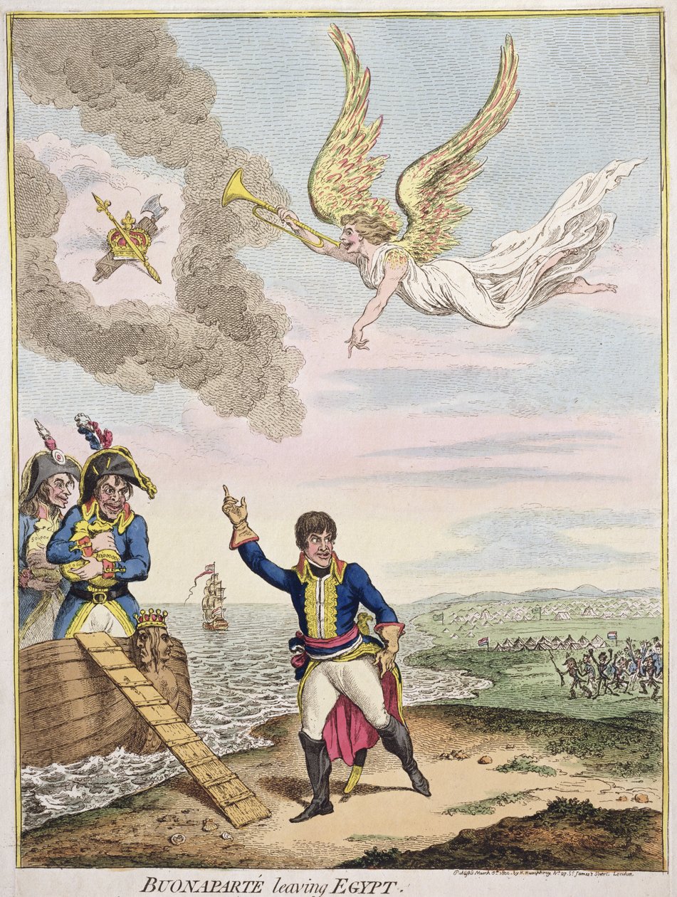 A Buonaparte elhagyja Egyiptomot, Hannah Humphrey adta ki 1800-ban (kézzel színezett rézkarc) alkotó: James Gillray
