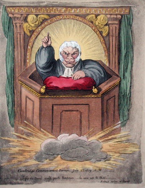 Cambridge-i kezdési prédikáció, 1809. július 2. Hannah Humphrey adta ki 1809-ben (kézzel színezett rézkarc) alkotó: James Gillray