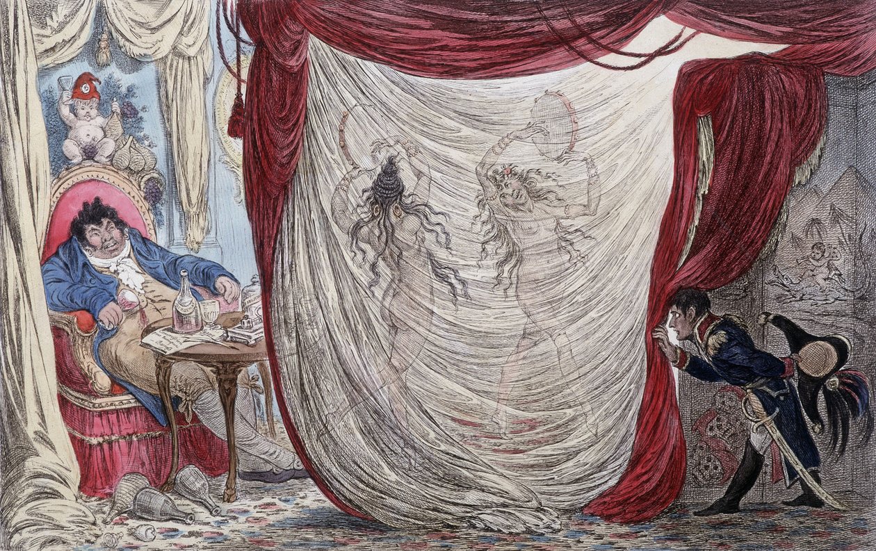 Rajzfilm Napóleonról, Paul Barrasról, Josephine-ről és Mademoiselle de Fontenayról, akiket ausii Teresa (Theresa vagy Terezia) Cabarrusnak hívnak, Madame Talliennek (Talien) vagy ezekről a hölgyekről, akik meztelenül táncolnak Barrasnak, Napóleon lopakodó  alkotó: James Gillray