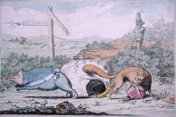Változó helyek, avagy Róka bűzös borz a fészkéből, William Humphrey adta ki 1782-ben (kézzel színezett rézkarc) alkotó: James Gillray