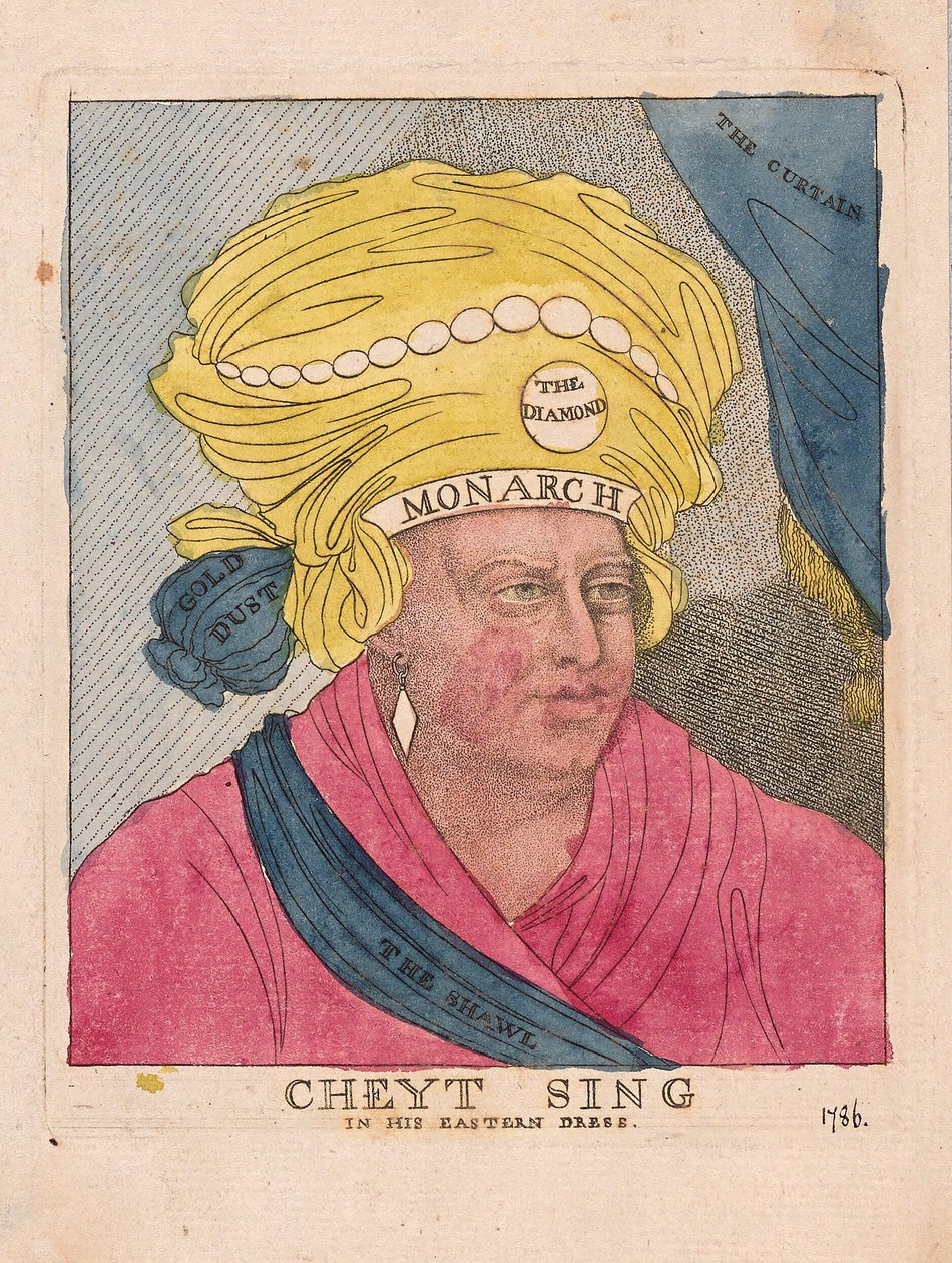 Cheyt Sing keleti ruhájában, kocsmában. 1786 (kézzel színezett metszet) alkotó: James Gillray