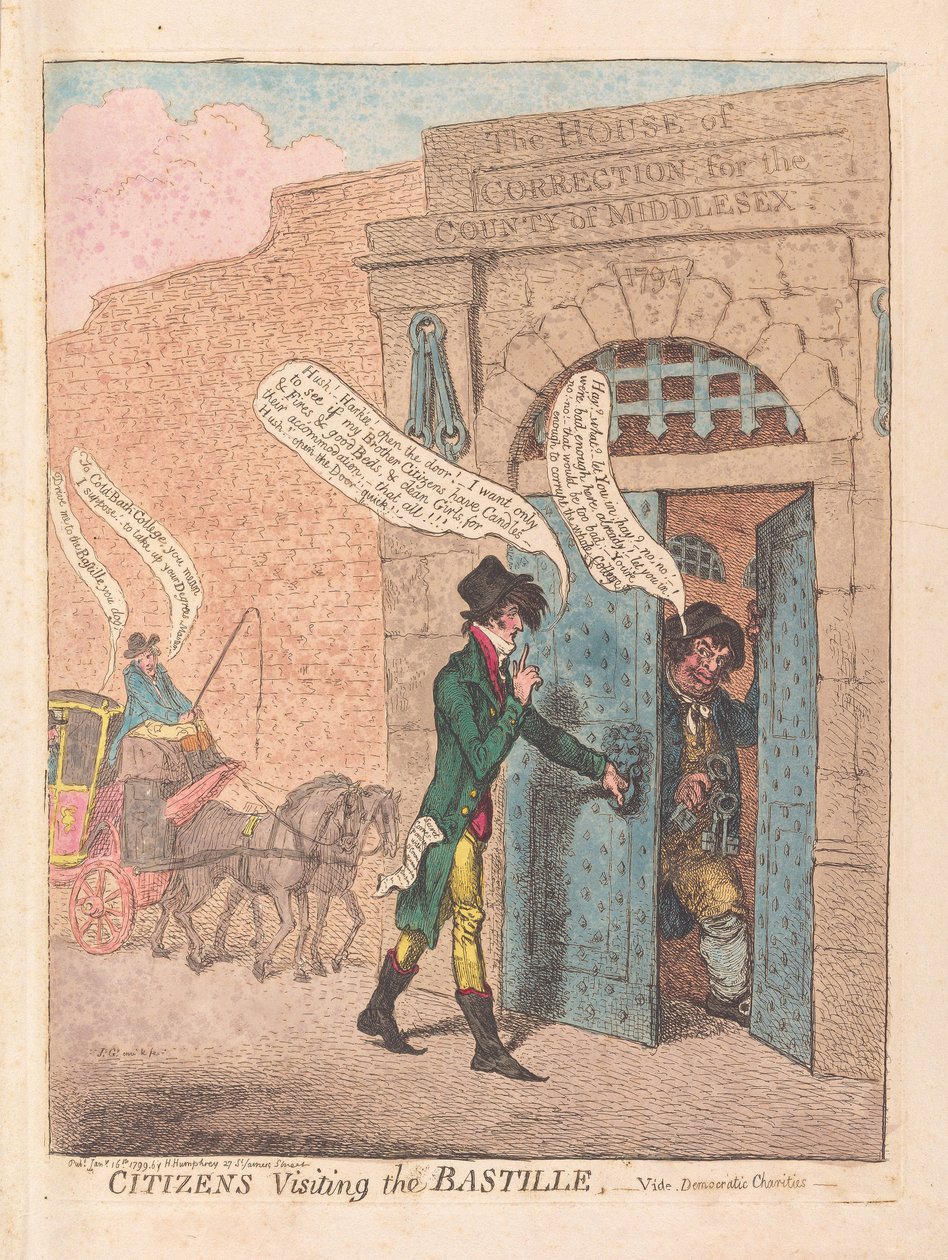 A Bastille-ba látogató polgárok, pub. 1799 (kézzel színezett metszet) alkotó: James Gillray