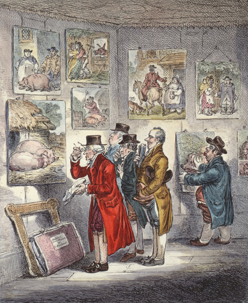 Hozzáértők George Morlands festmények gyűjteményét vizsgálva alkotó: James Gillray