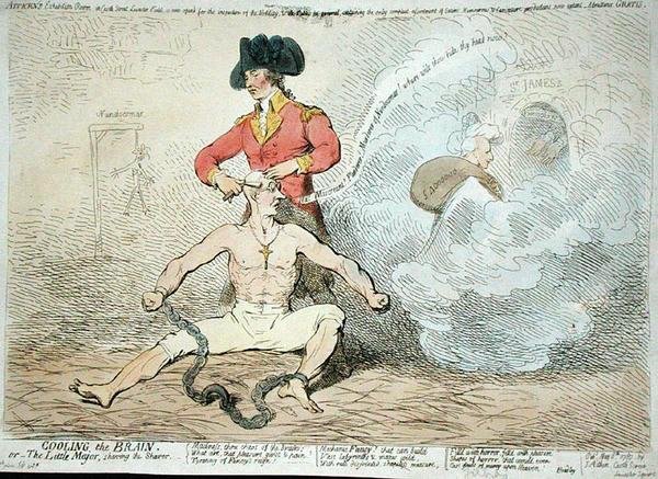Cooling the Brain, avagy A kis polgármester, aki borotválja a borotvát, J. Aitken kiadója 1789-ben (kézzel színezett rézkarc) alkotó: James Gillray