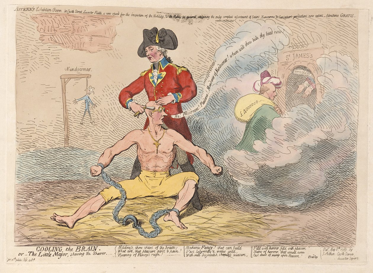 Az agy hűtése vagy a kis őrnagy borotválja a Borotvát, kocsma. 1789 (kézzel színezett metszet) alkotó: James Gillray