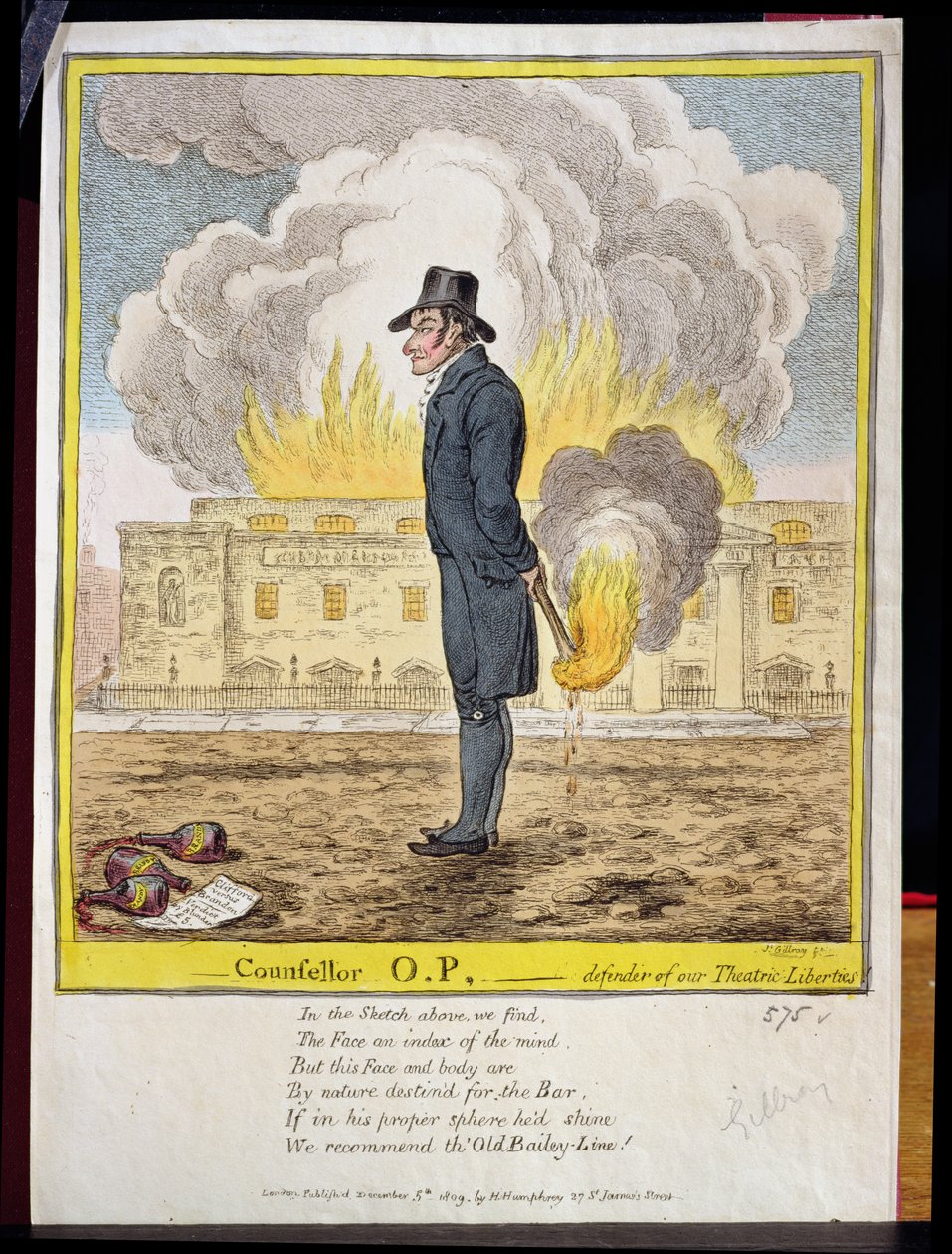 O.P. tanácsadó, színházi szabadságjogaink védelmezője, bemutatja a Covent Garden Színház leégését, kocsmát. Hannah Humphrey, 1809 alkotó: James Gillray