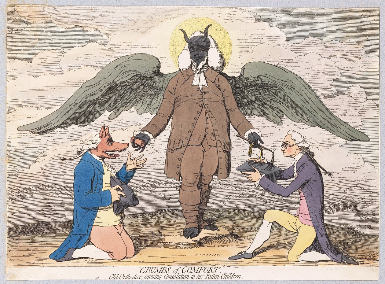 A kényelem morzsái, avagy a bukott gyermekeinek vigasztaló régi ortodoxok, kocsma. 1782 (kézzel színezett metszet) alkotó: James Gillray