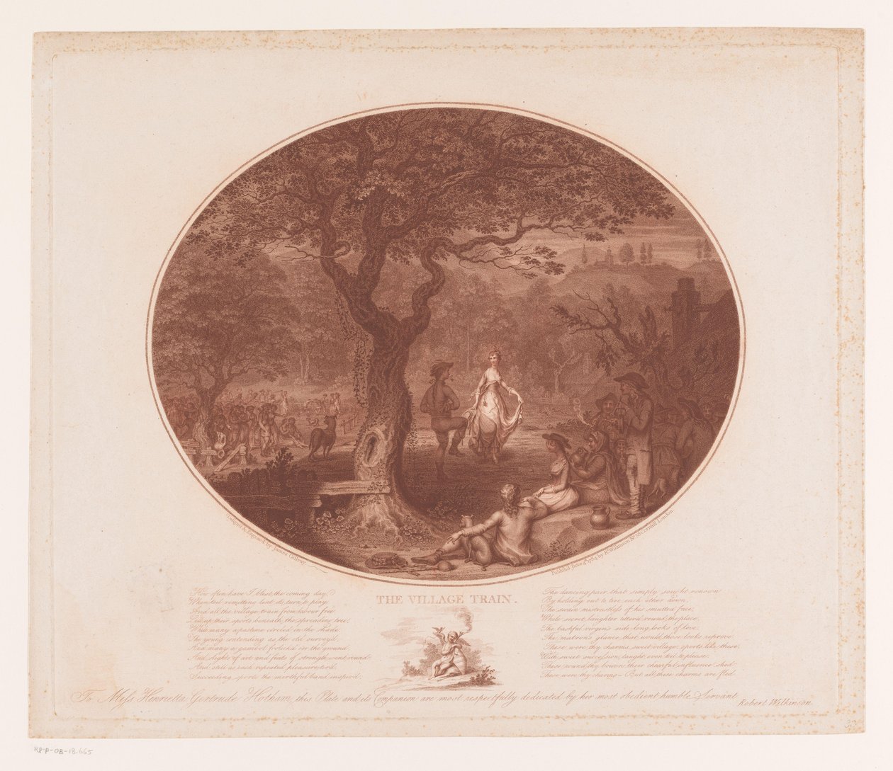 Táncoló férfi és nő egy fa alatt A falusi vonat (cím az objektumon) alkotó: James Gillray