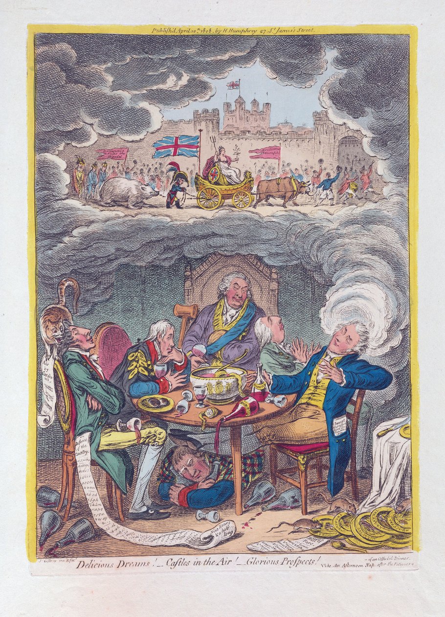 Finom álmok: Várak a levegőben! - Dicsőséges kilátások!, kocsma. 1808 (kézzel színezett metszet) alkotó: James Gillray