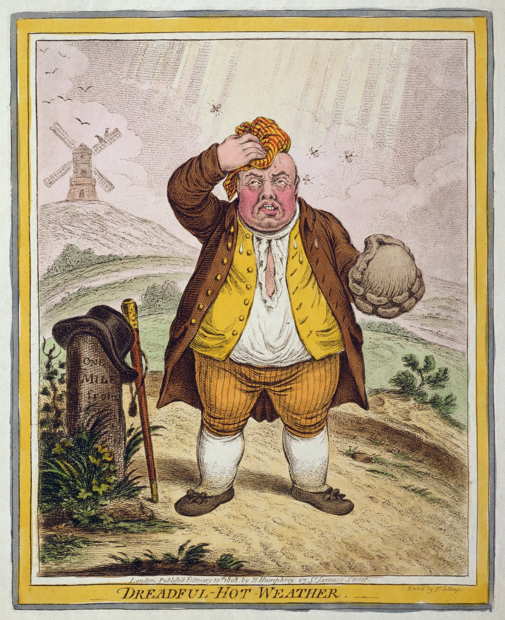 Dreadful-Hot Weather, Hannah Humphrey 1808-ban (kézzel színezett rézkarc) alkotó: James Gillray