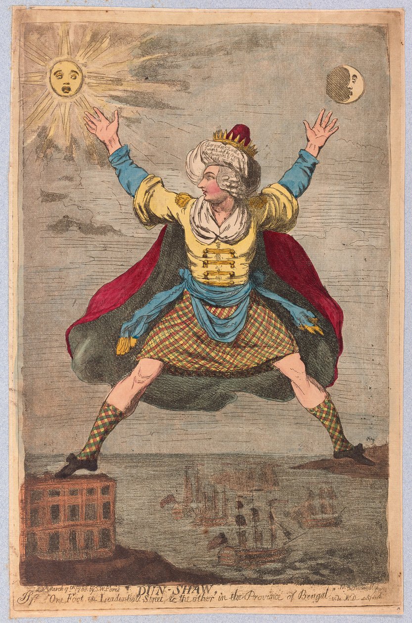 Dun-Shaw, One Foot a Leadenhall Streeten, a másik pedig Bengál tartományban, kocsma. 1788 (kézzel színezett metszet) alkotó: James Gillray