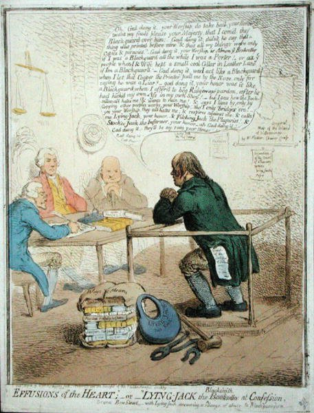Effusions of the Heart, or Lying Jack the Blacksmith at Confession, kiadta Hannah Humphrey 1795-ben a Philanthropic Society számára (kézzel színezett metszet). alkotó: James Gillray