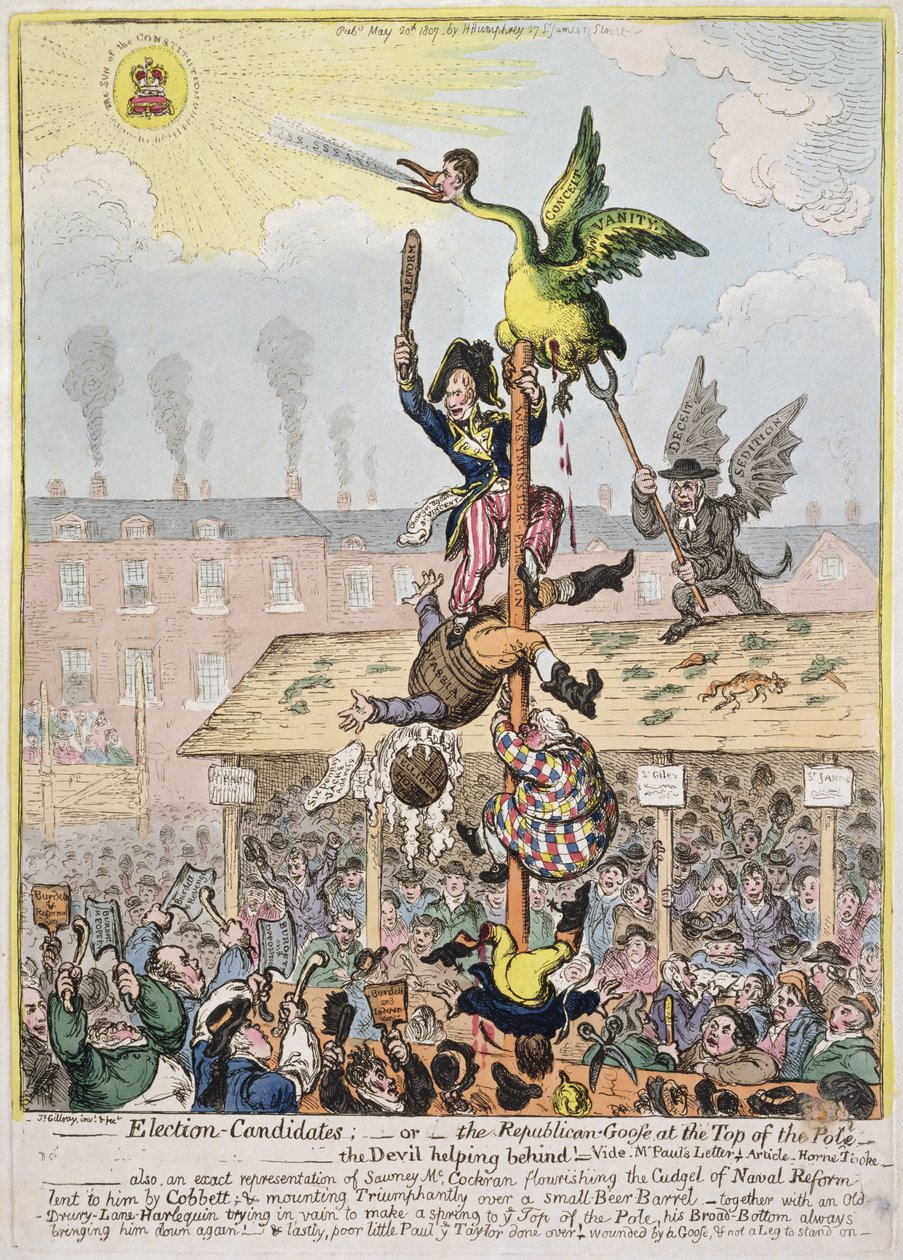 Választási jelölt, avagy a republikánus lúd a rúd tetején, Hannah Humphrey kiadója 1807-ben (kézzel színezett rézkarc) alkotó: James Gillray