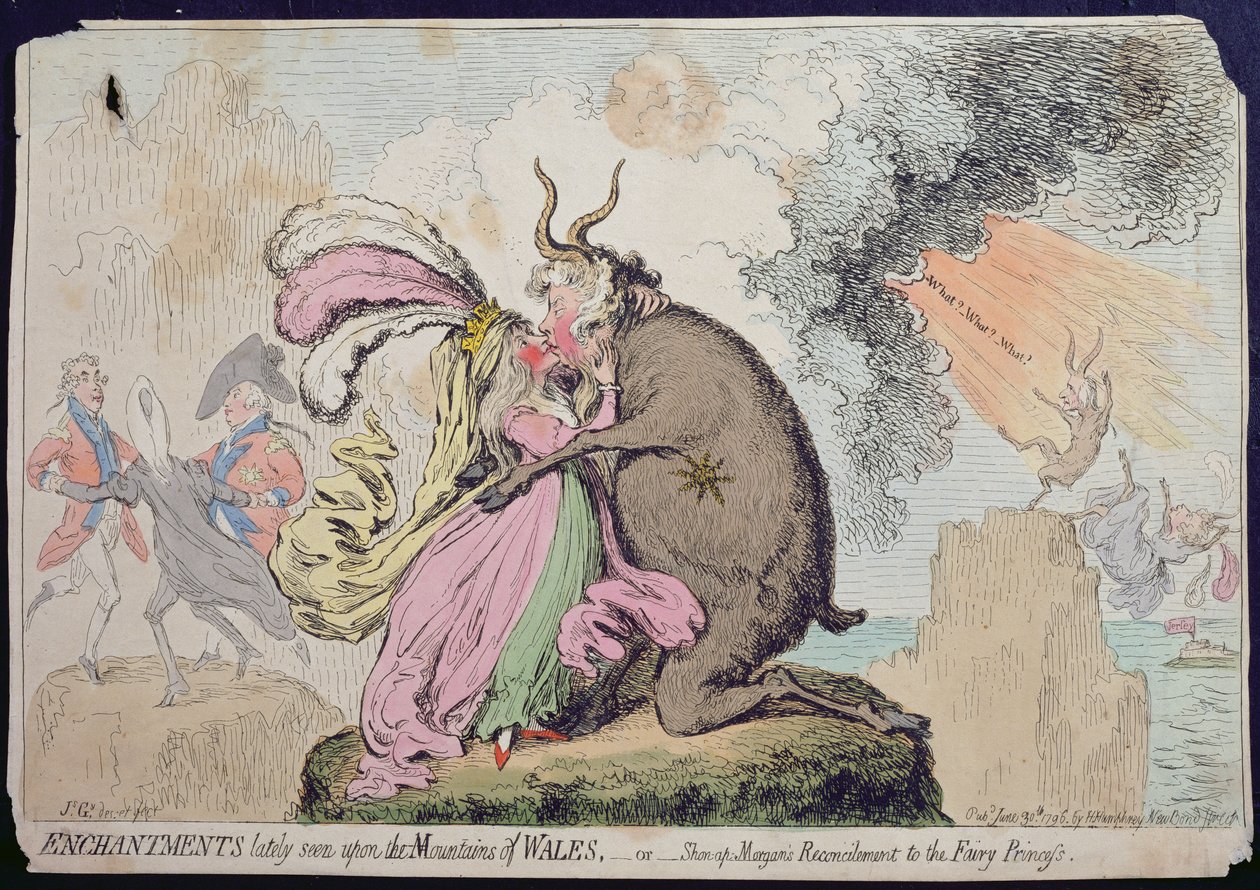 A walesi hegyen mostanában látott varázslatok, avagy Shon-ap-Morgan megbékélése a tündérhercegnővel, Hannah Humphrey adta ki 1796-ban (kézzel színezett rézkarc) alkotó: James Gillray