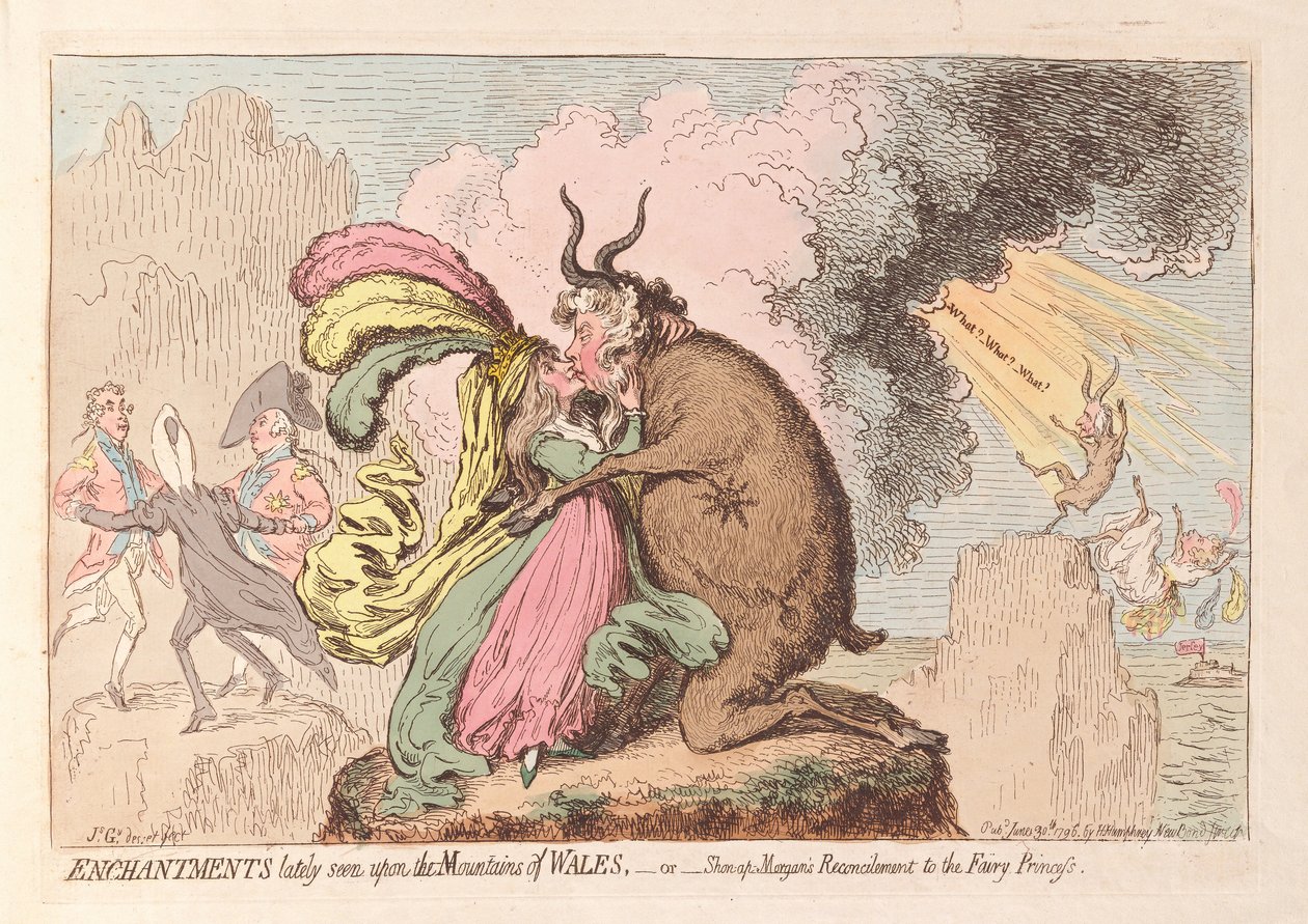 Mostanában a Wales-hegységben látott varázslatok vagy a Shon-ap Morgans Concilement to the Fairy Princess, kocsma. 1796 (kézzel színezett metszet) alkotó: James Gillray
