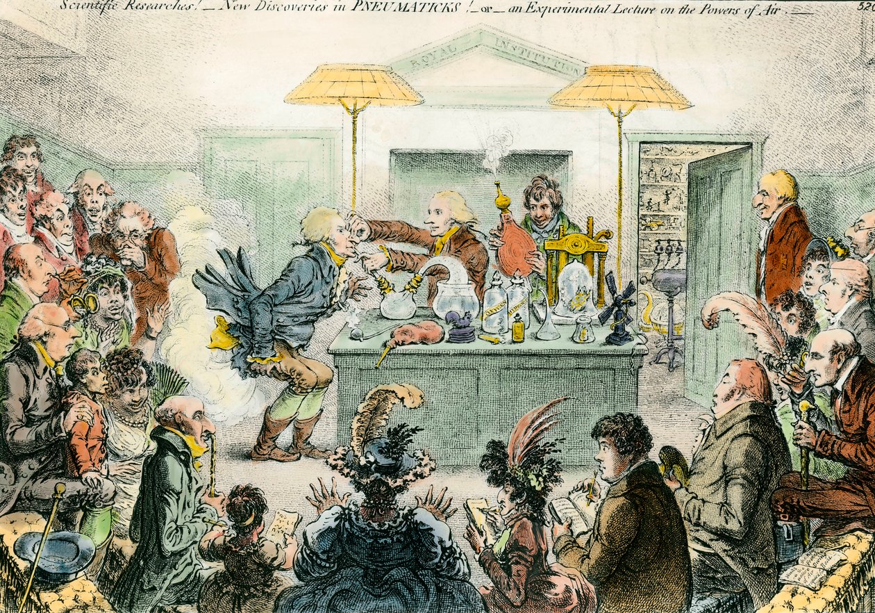 Angol szatíra a tudományról: új felfedezések a pneumatikus anyagokban. Szatirikus rajz a 19. századi tudományos konferenciák iránti lelkesedésről. James Gillray metszete (1757-1815) alkotó: James Gillray