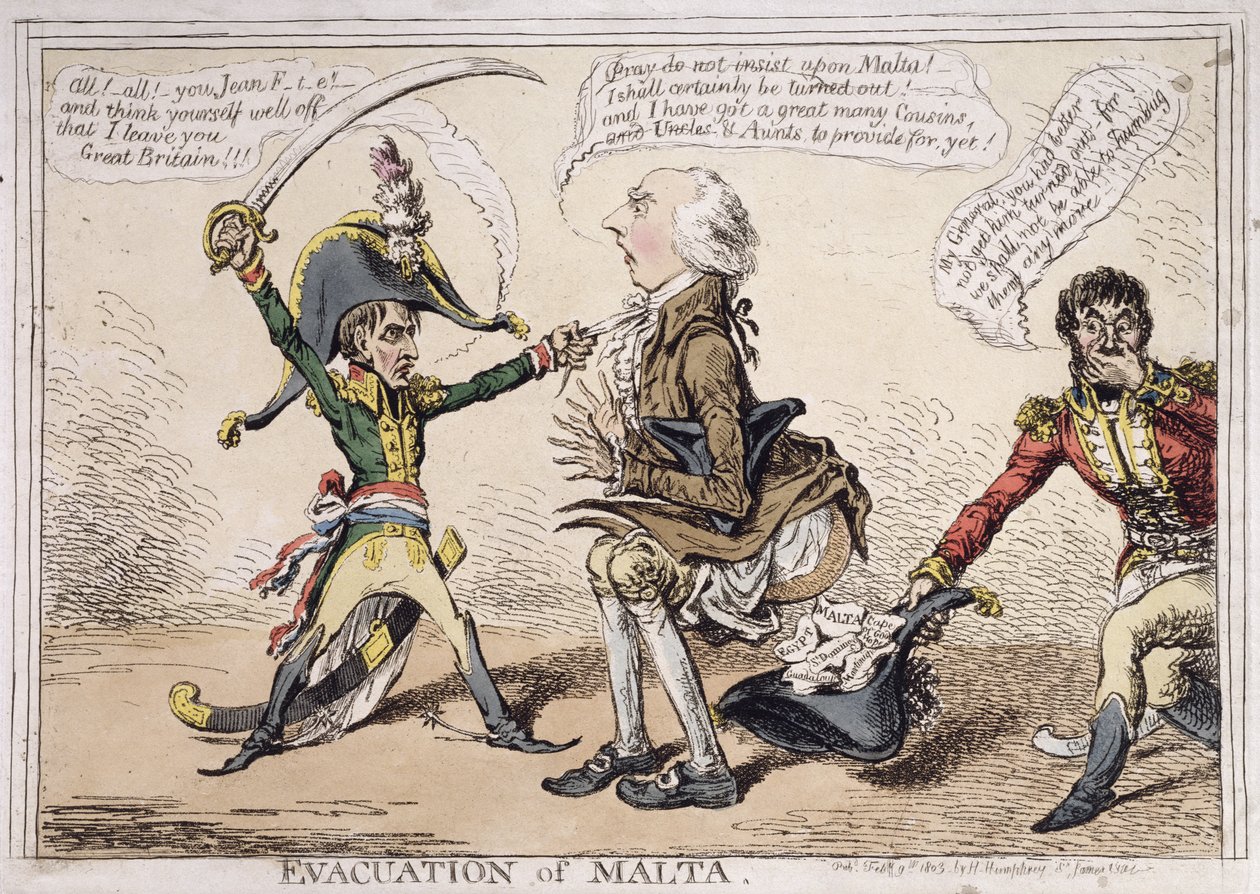 Málta evakuálása, Hannah Humphrey 1803-ban (kézzel színezett rézkarc) alkotó: James Gillray