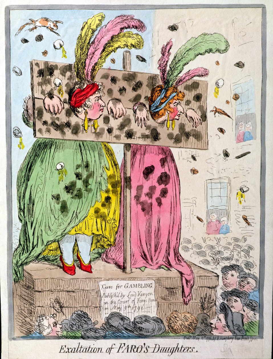 Faro lányainak felmagasztalása, Hannah Humphrey 1796-ban (kézzel színezett rézkarc) alkotó: James Gillray