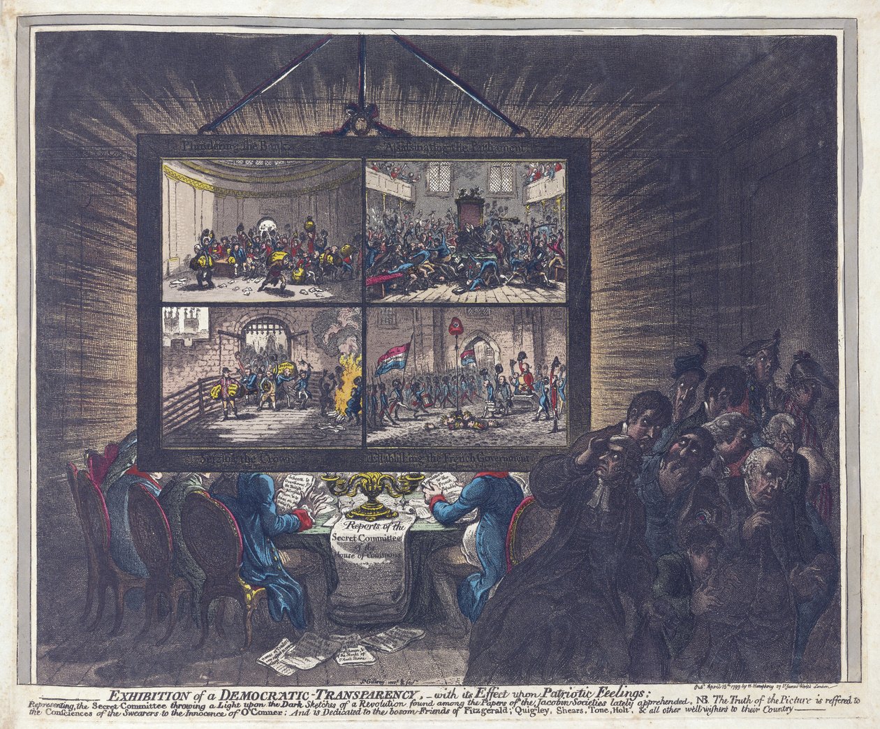 A Demokratikus Transzparencia kiállítása a hazafias érzelmekre gyakorolt hatásával, kocsma. 1799 (kézzel színezett metszet) alkotó: James Gillray