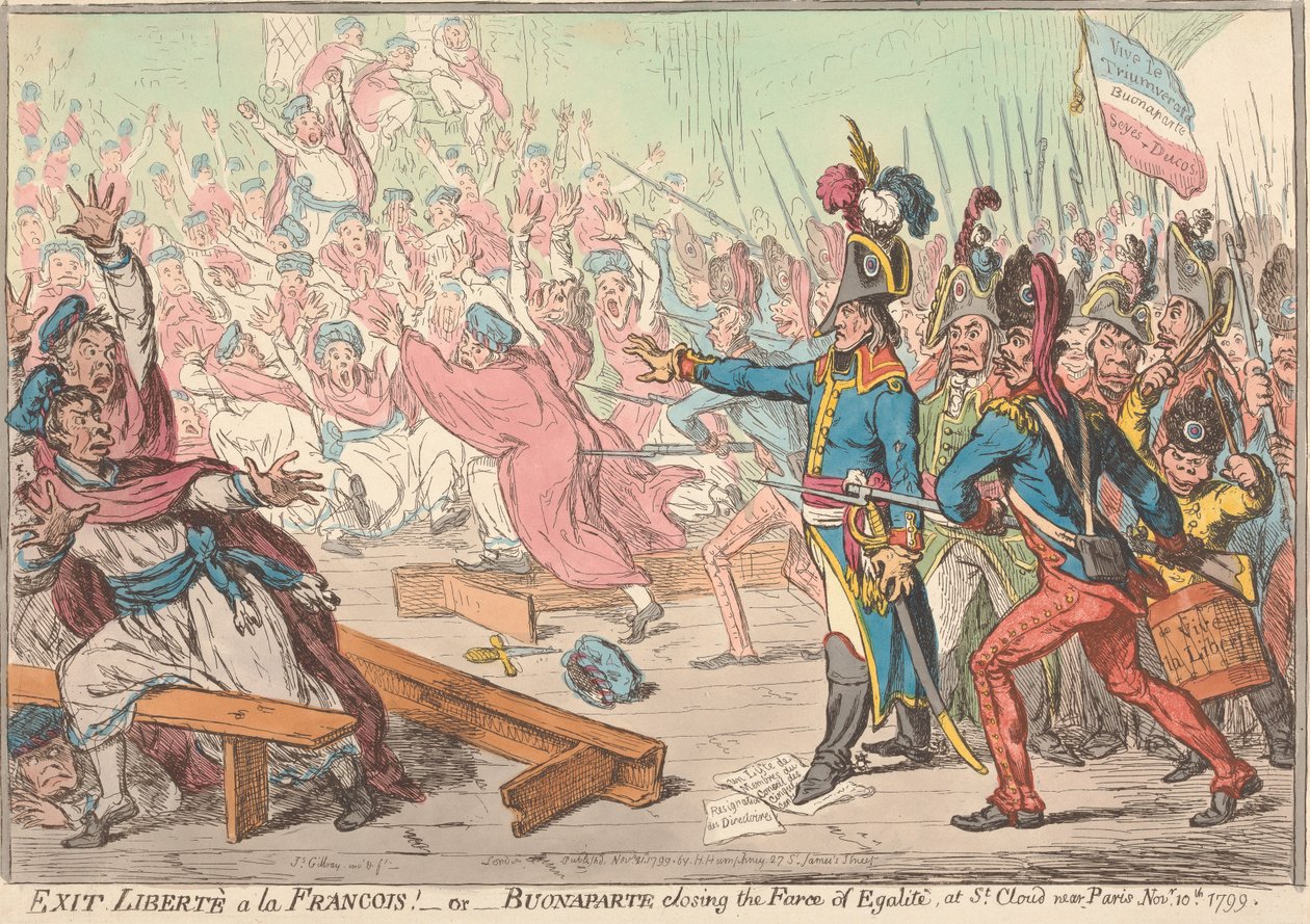 Vége a „Liberte a la Francois”-nak! – avagy – Bonaparte véget vet az „Egalite” farsangjának, Saint-Cloud-ban, Párizs közelében, 1799. november 10-én alkotó: James Gillray