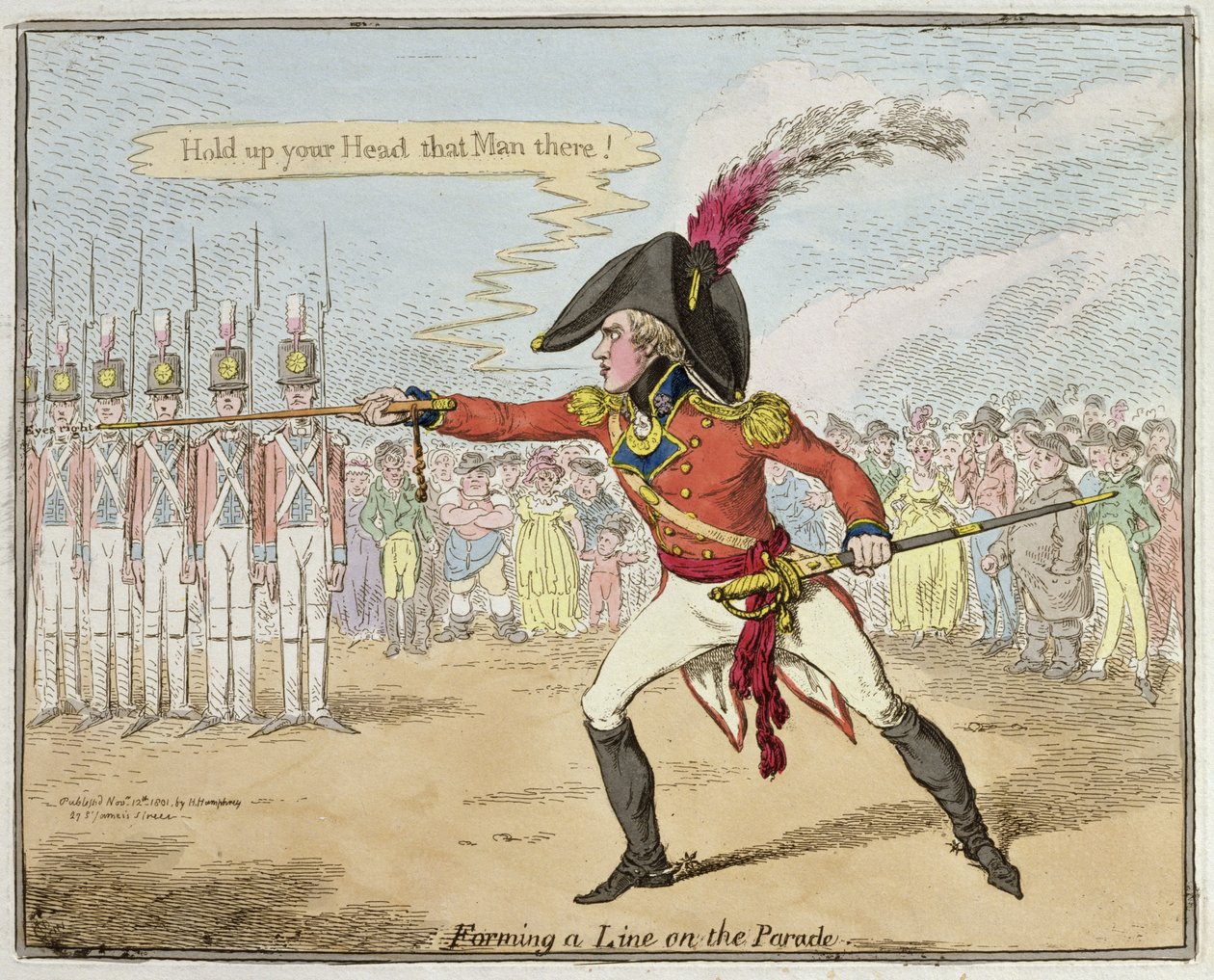 A Forming a Line on the Parade, Hannah Humphrey adta ki 1801-ben (kézzel színezett rézkarc) alkotó: James Gillray