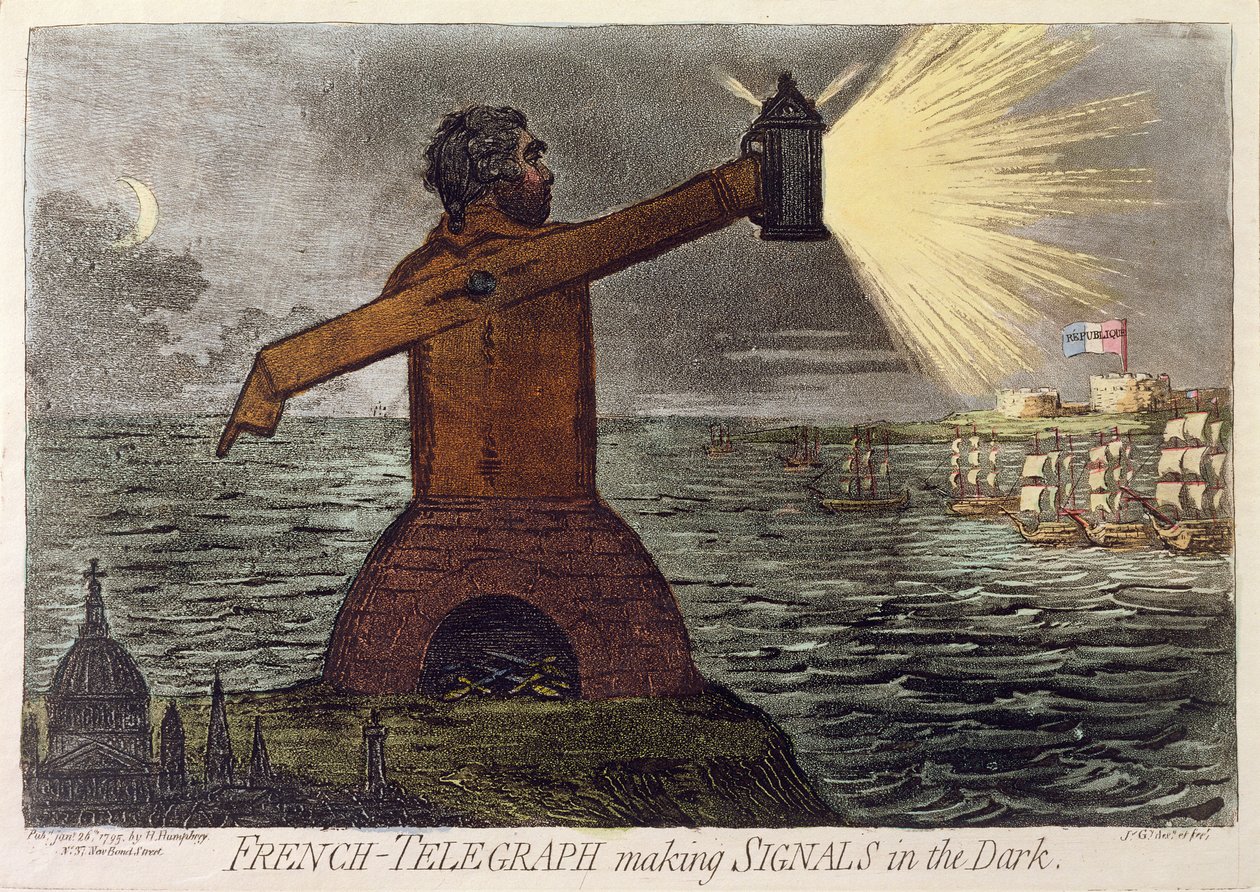 Francia távíró jeleket ad a sötétben, Hannah Humphrey kiadása 1795-ben (metszet akvatintával) alkotó: James Gillray