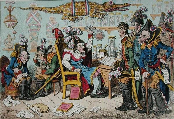 Egészségük miatt visszavonuló francia tábornokok, Lepaux elnökletével az igazgatói rendelőben, Hannah Humphrey kiadta 1799-ben (kézi színezett metszet). alkotó: James Gillray
