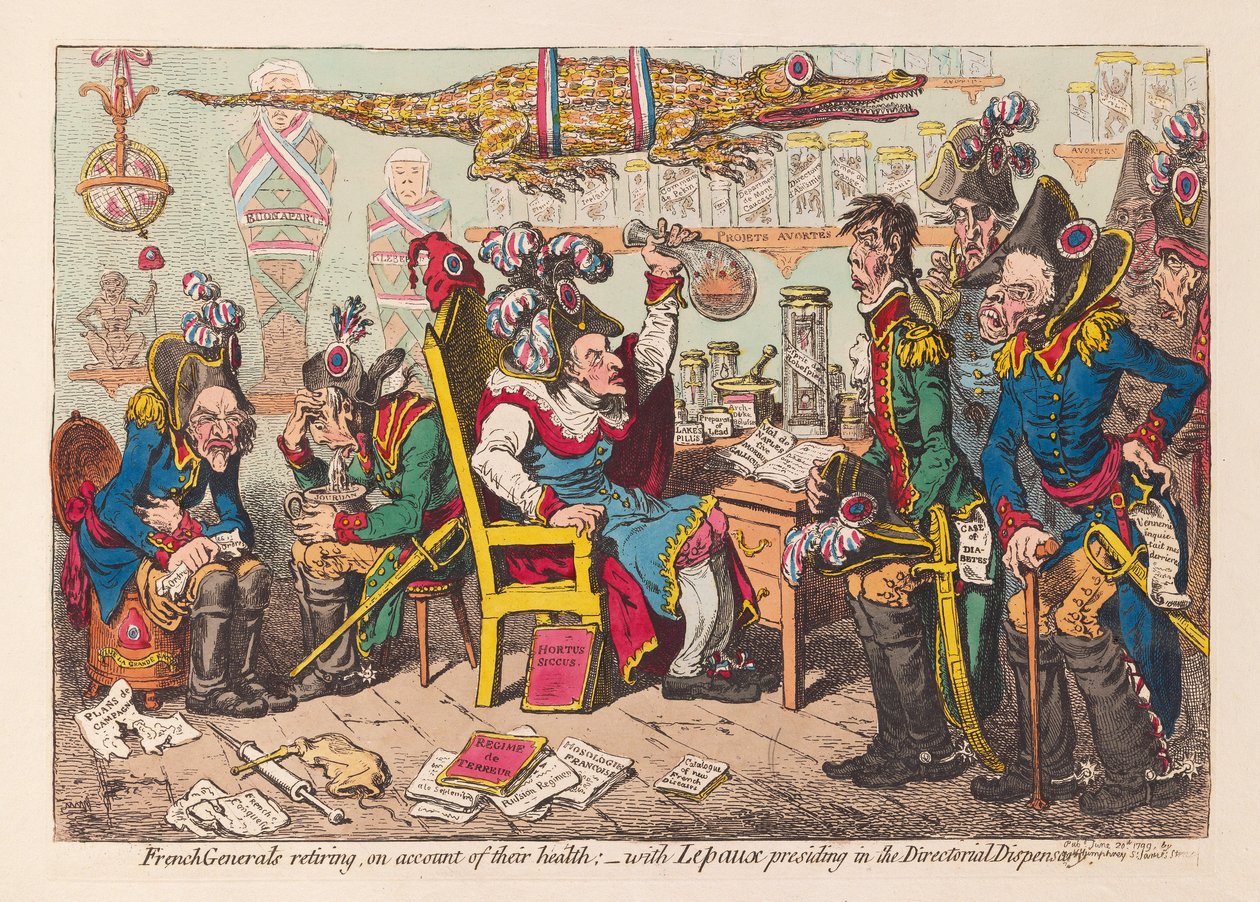 Egészségi állapotuk miatt nyugdíjba vonuló francia tábornokok: Lepaux elnökletével az igazgatói rendelőben, kocsmában. 1799 (kézzel színezett metszet) alkotó: James Gillray