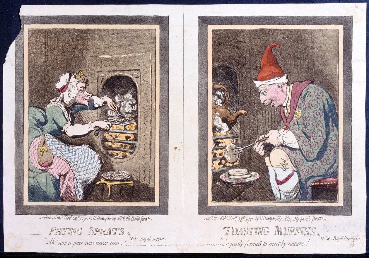 Frying Sprats, avagy Royal Supper, and Toasting Muffins, or Royal Breakfast, Hannah Humphrey 1791-ben (kézzel színezett rézkarc) alkotó: James Gillray