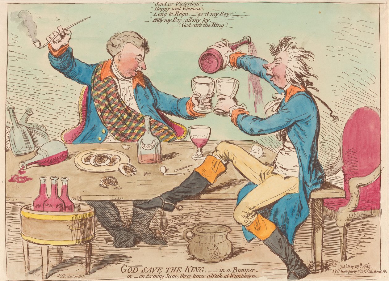 Isten óvja a királyt. – Egy kocsi hátsó ütközőjén. Vagy – Egy esti jelenet, hetente háromszor Wimbledonban alkotó: James Gillray