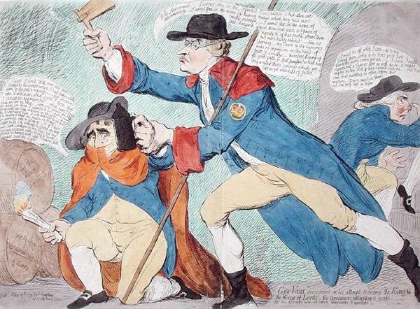 Guy Vaux-t a király és a Lordok Háza elpusztításának kísérletében fedezték fel, Hannah Humphrey adta ki 1791-ben (kézzel színezett rézkarc) alkotó: James Gillray