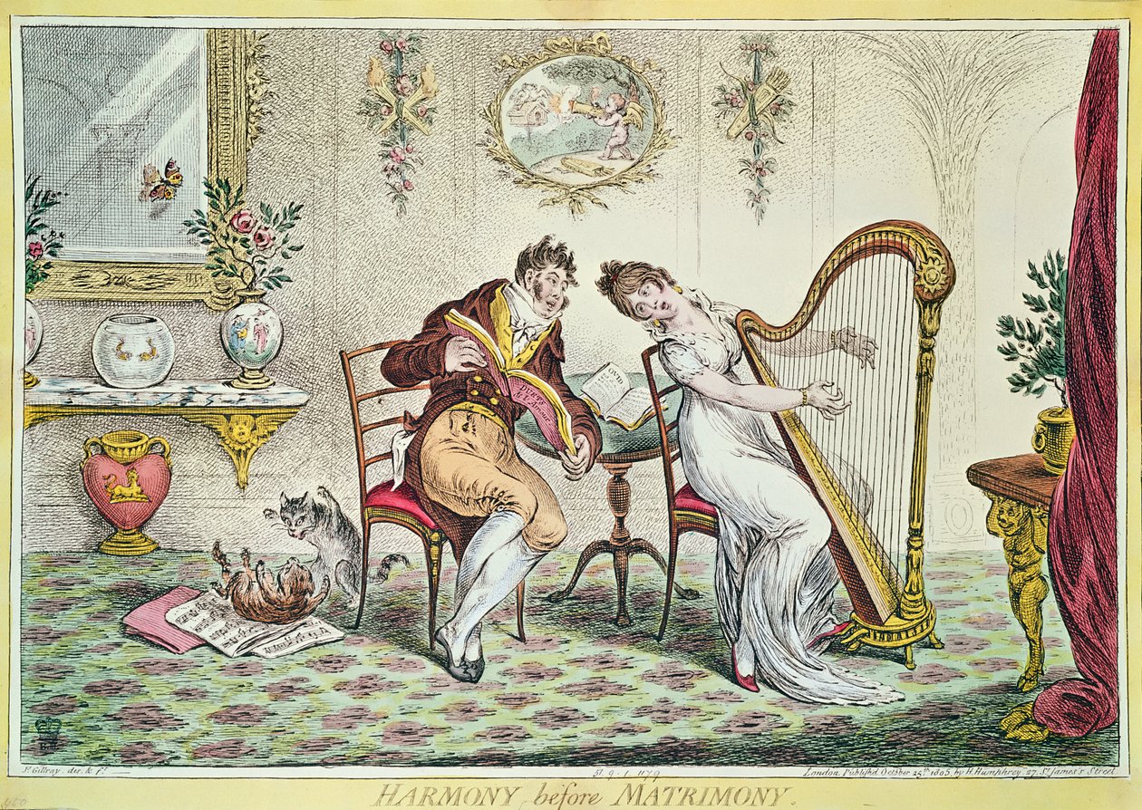 Harmónia házasságkötés előtt, 1805 (színes metszet) alkotó: James Gillray