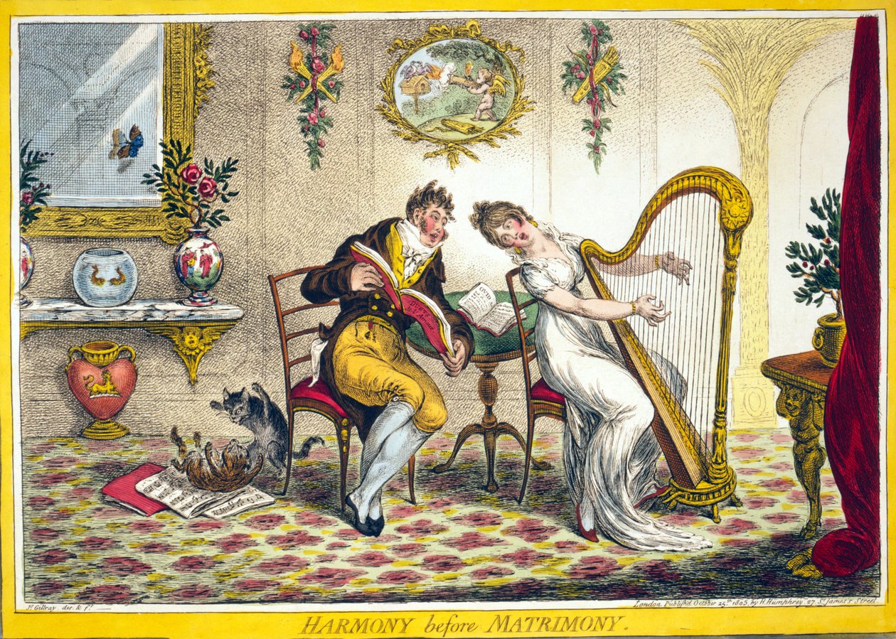 Harmónia házasság előtt, kocsma. Hannah Humphrey, 1805. október 25. (kézzel színezett metszet) alkotó: James Gillray