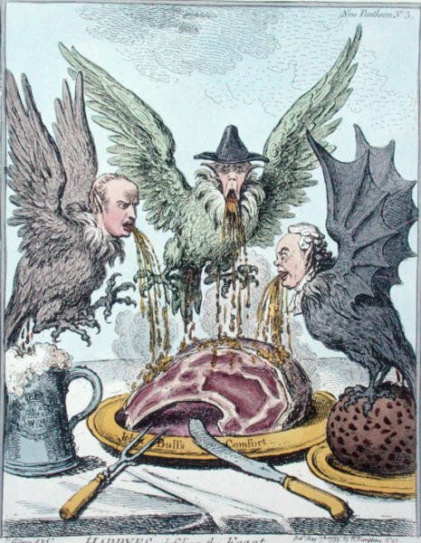 Harpyiák elpusztítják a lakomát, Hannah Humphrey kiadása 1799-ben (kézi színezett metszet) alkotó: James Gillray