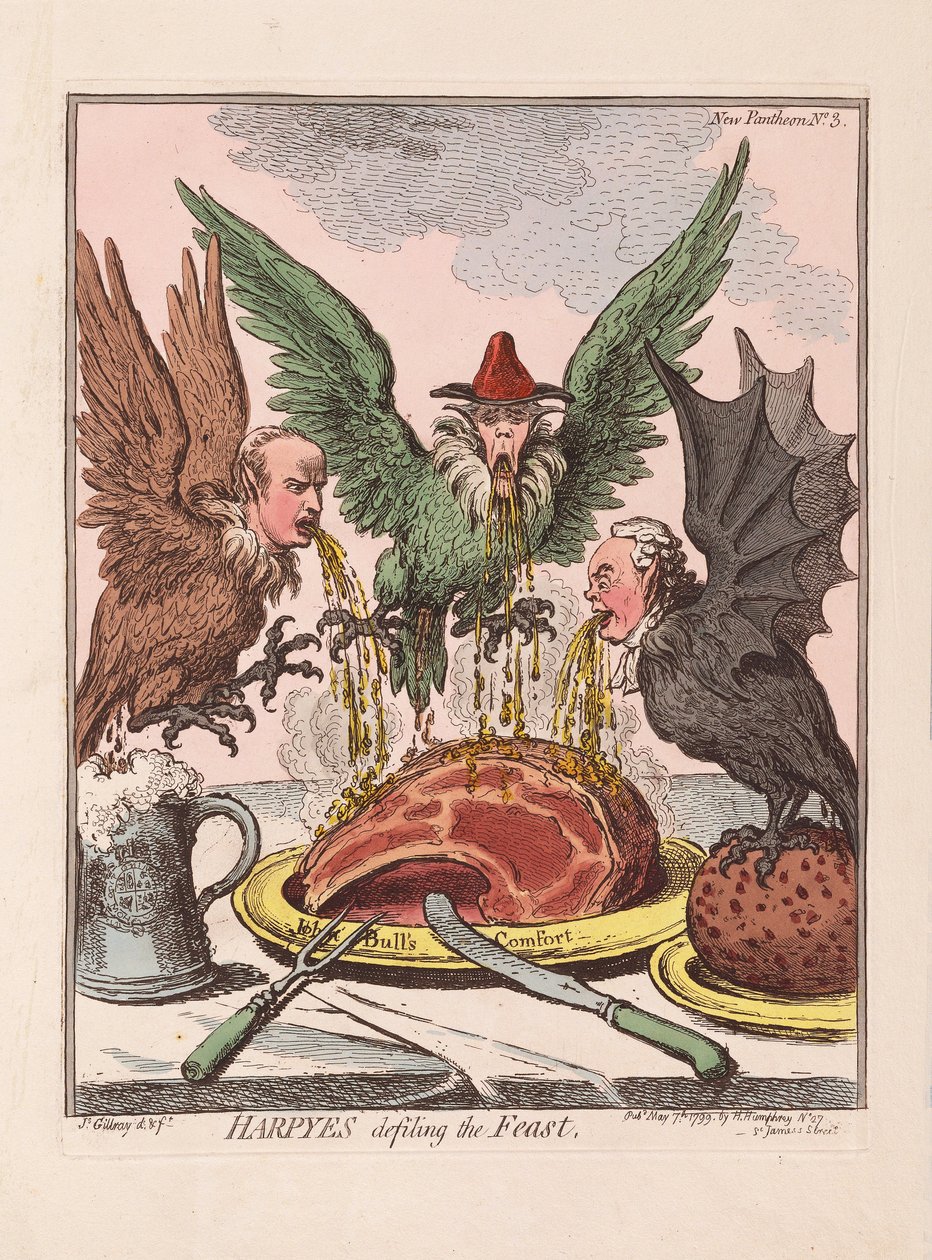 Hárpiák bemocskolják az ünnepet, kocsma. 1799 (kézzel színezett metszet) alkotó: James Gillray