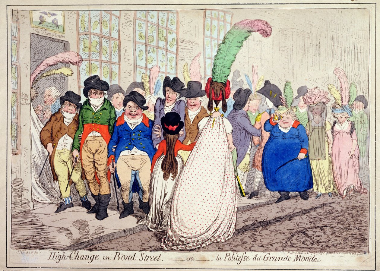 High Change in Bond Street, vagy La Politesse du Grande Monde, Hannah Humphrey adta ki 1796-ban (kézzel színezett rézkarc) alkotó: James Gillray