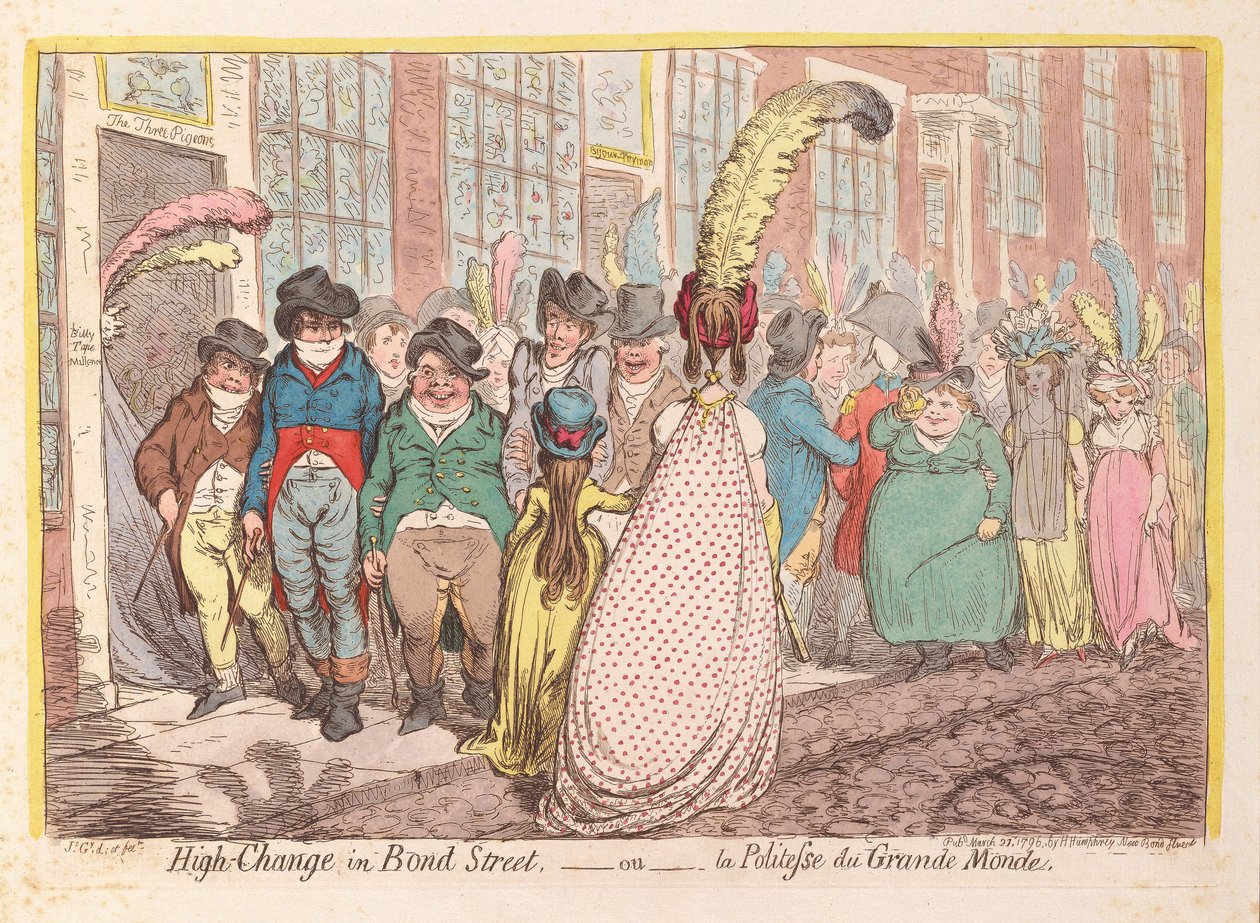 High Change in Bond Street, avagy a nagy világok udvariassága, kocsma. 1796 (kézzel színezett metszet) alkotó: James Gillray