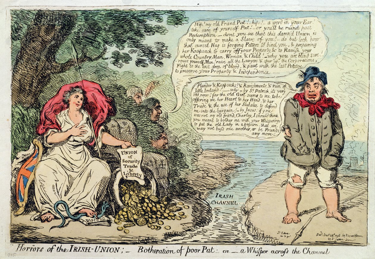 Az Ír Unió borzalmai: Szegény Pat zavarása, avagy Suttogás a csatornán túl, Hannah Humphrey adta ki 1798-ban (kézzel színezett rézkarc) alkotó: James Gillray