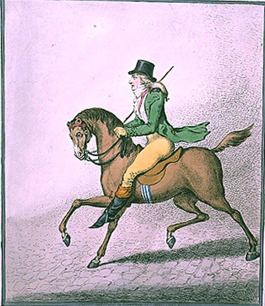 Hogyan lovagoljunk eleganciával az utcákon, Hannah Humphrey adta ki 1800-ban (kézzel színezett rézkarc) alkotó: James Gillray