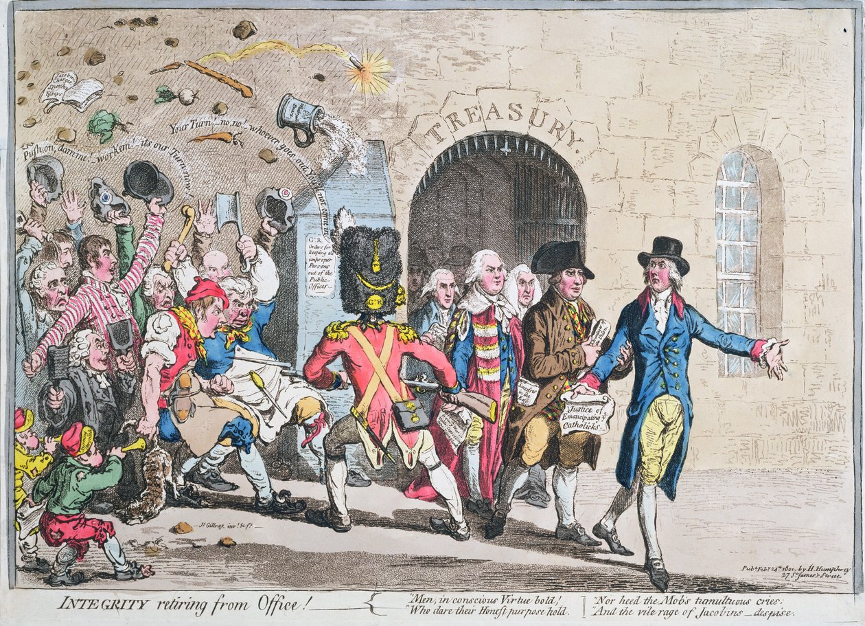 Az Integrity Retiring from Office, Hannah Humphrey adta ki 1801-ben (kézzel színezett rézkarc akvatintával) alkotó: James Gillray