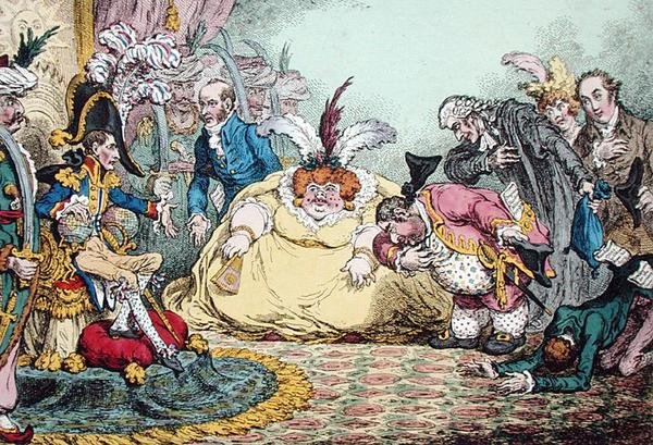A Volpone polgár és szvitje Párizsban bemutatkozása, Hannah Humphrey 1802-ben (kézzel színezett rézkarc) alkotó: James Gillray