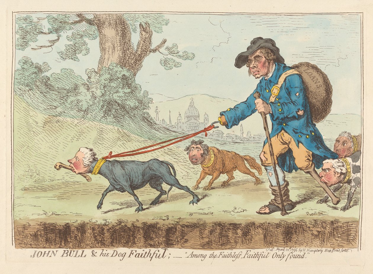 John Bull és hűséges kutyája; – „A hűtlenek között csak a hűségesek találhatók meg” alkotó: James Gillray