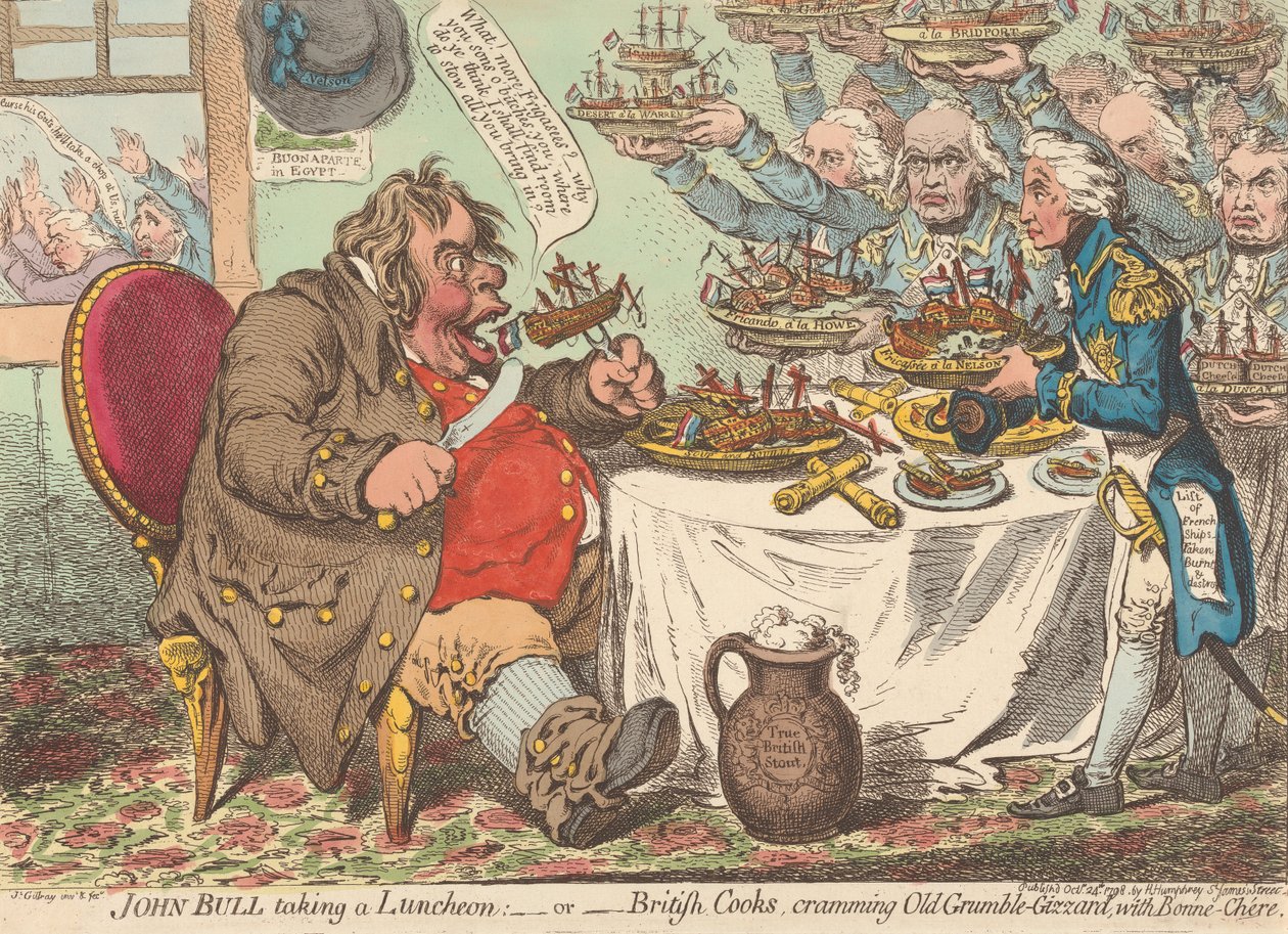 John Bull ebédel - avagy - Brit szakácsok jó ételekkel tömik az öreg Morgó-Gyomrot (a Caricature 1. kötetéből) alkotó: James Gillray