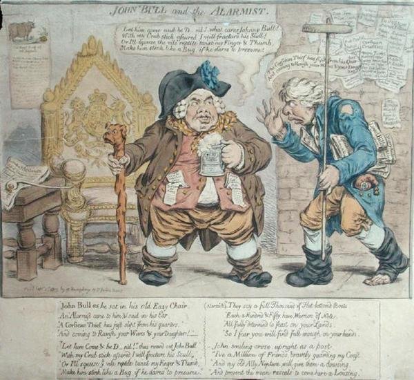 John Bull és a riasztó, Hannah Humphrey adta ki 1803-ban (kézzel színezett rézkarc) alkotó: James Gillray