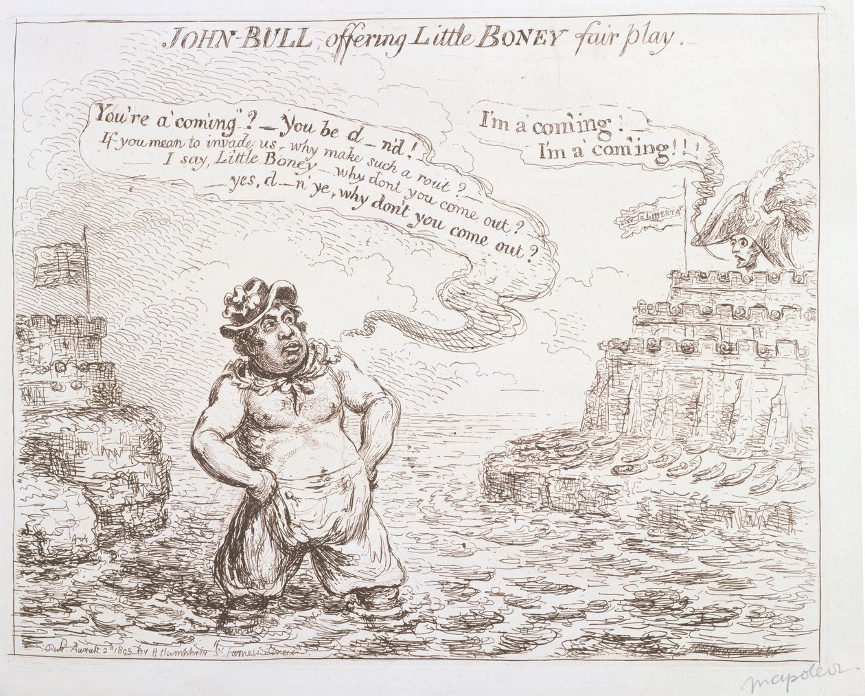 John Bull Little Boney fair play-t kínál, Hannah Humphrey adta ki 1803-ban alkotó: James Gillray